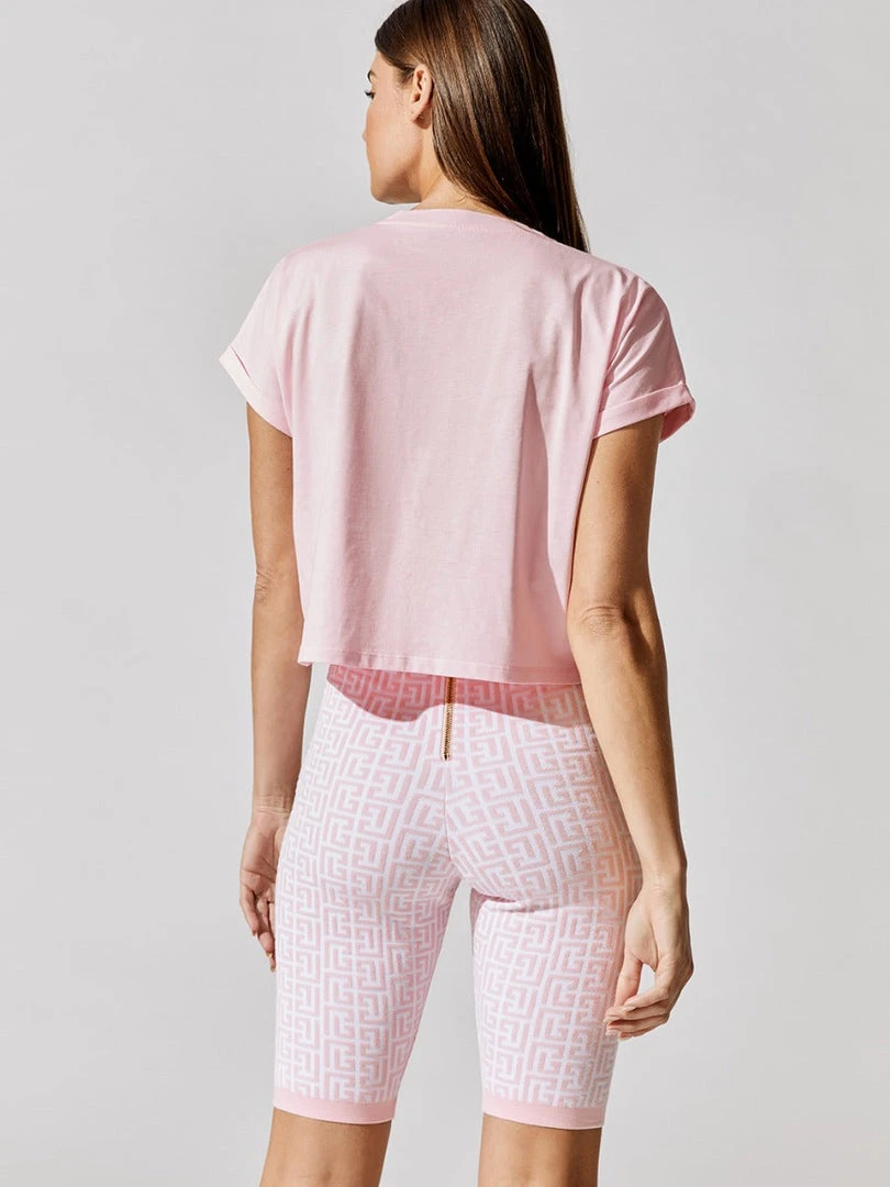 BALMAIN Cropped Short Sleeve Flocked Logo T-shirt - Eco Design Shop By Activity 2 BALMAIN Cropped Short Sleeve Flocked Logo T-shirt - Eco Design Shop By Activity