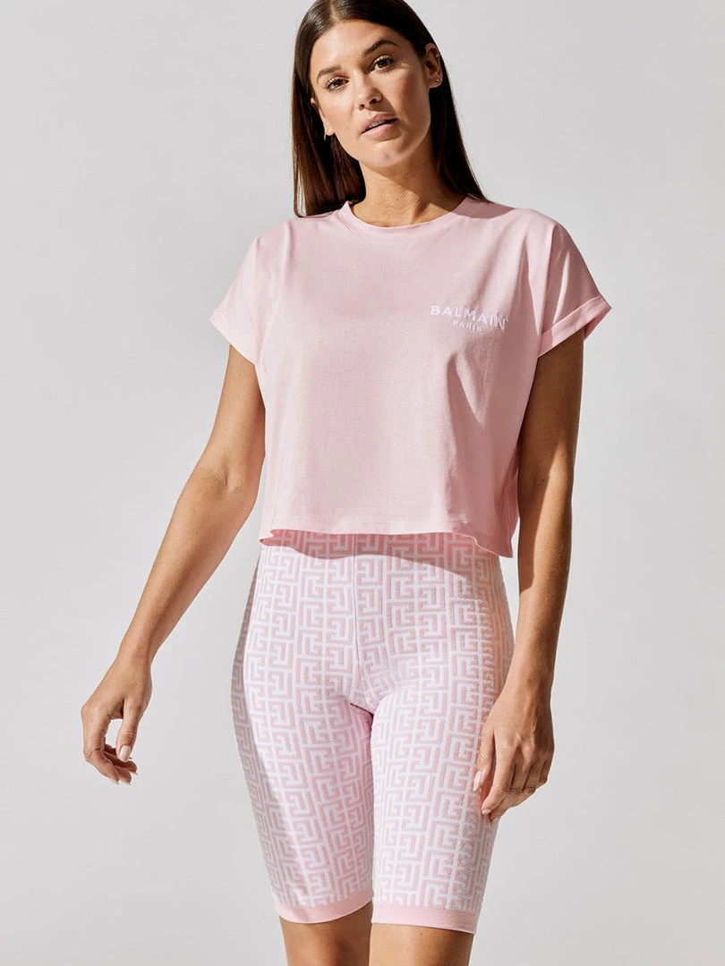 BALMAIN Cropped Short Sleeve Flocked Logo T-shirt - Eco Design Shop By Activity 1 BALMAIN Cropped Short Sleeve Flocked Logo T-shirt - Eco Design Shop By Activity