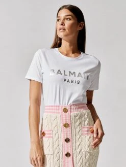 BALMAIN Tops Short Sleeve Metallic Logo T-shirt