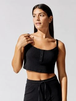 LESET Pointelle Crop Button Scoop Neck Tank